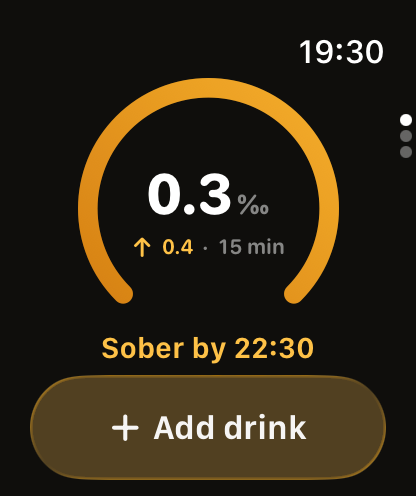 Ring view on Apple Watch: level 0.3 per mille, rising to 0.4 in 15 minutes, sober by 22:30.