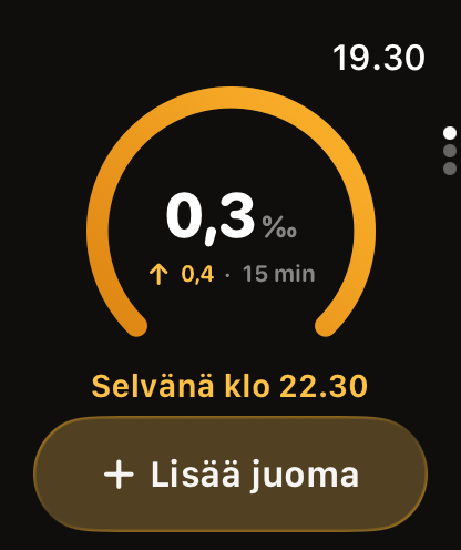 Rengasnäkymä Apple Watchissa: lukema 0,3 promillea, nousee 0,4:ään 15 minuutissa, selvänä klo 22.30.