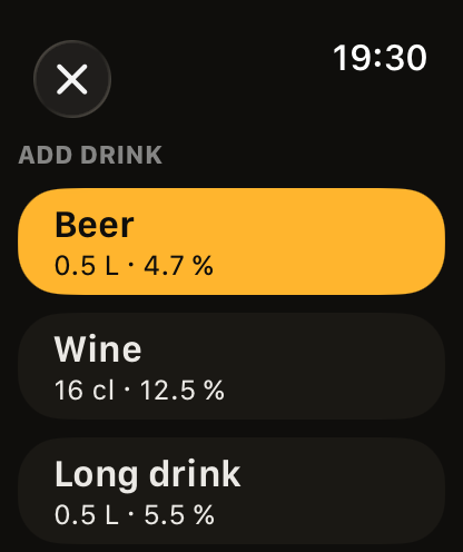 The drink picker: Beer, Wine and Long drink, the beer last used at the top.