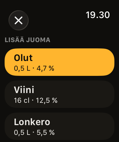 Juomalista: Olut, Viini ja Lonkero, viimeksi käytetty olut ylimpänä.