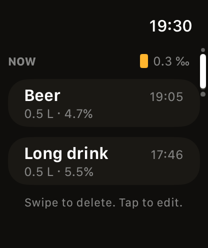 The drink list: a beer at 19:05 and a long drink at 17:46.