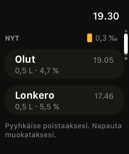 Juomalista: olut klo 19.05 ja lonkero klo 17.46.